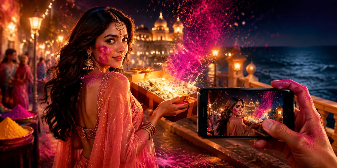 Indian player enjoying mobile casino games during Holi festival